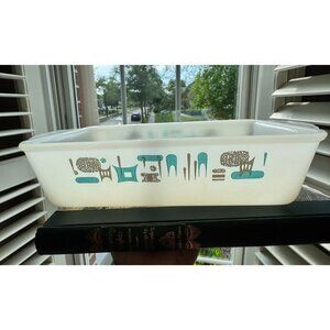 Vintage Fire King Atomic Blue Heaven Loaf Pan 5.5" X 10.5" X 2.5" White Glass